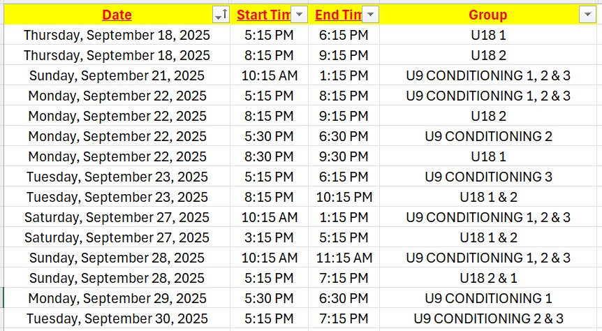 Tentative U9 and U18 Conditioning 2025