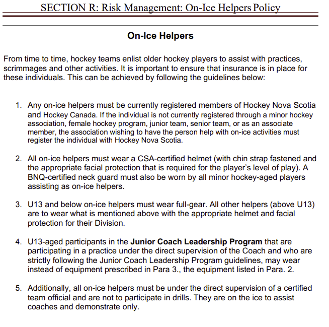 On Ice Helper policy Hockey Nova Scotia