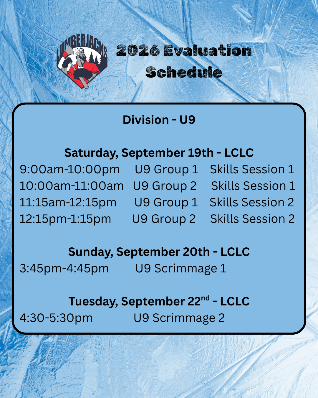 U9 - 2026 Evaluation Schedule