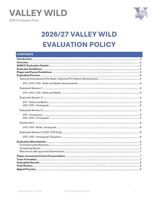 Valley Wild 2026-2027 Evaluation Policy