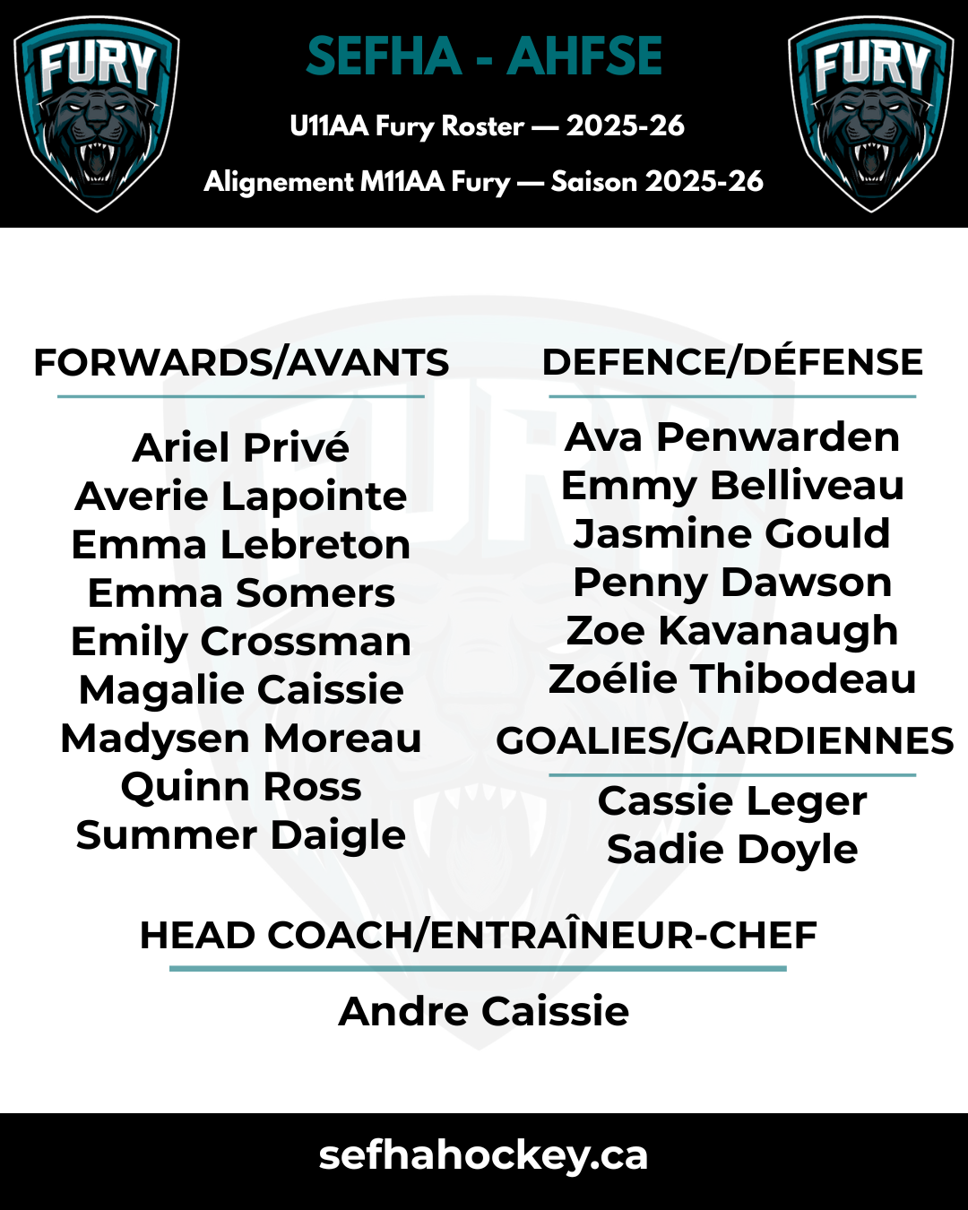SEFHA U11AA Fury Final Roster — 2025-26-3
