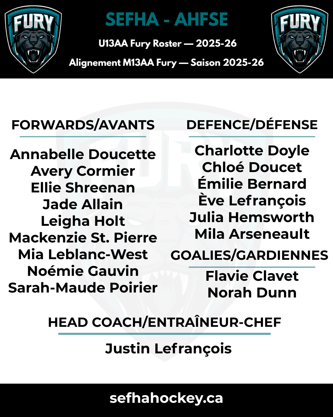 SEFHA U13AA Fury Final Roster — 2025-26-2