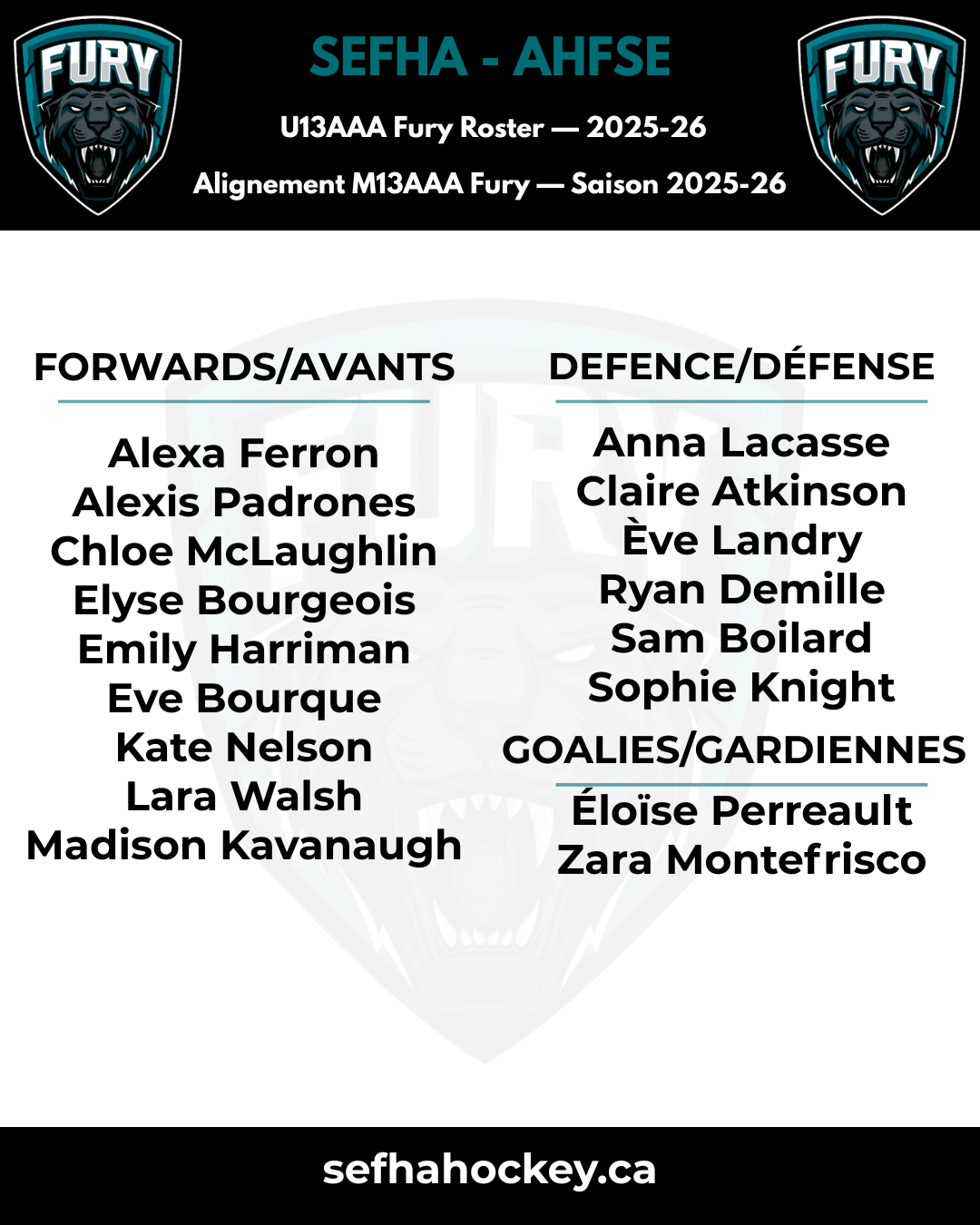 SEFHA U13AAA Fury Final Roster — 2025-26