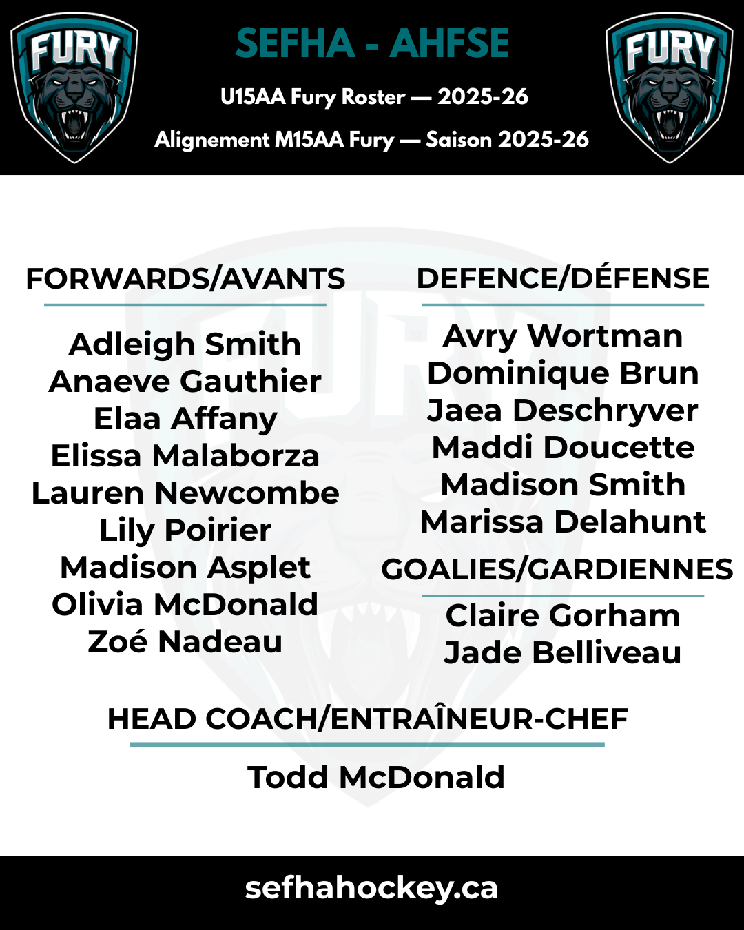 SEFHA U15AA Fury Final Roster — 2025-26-2