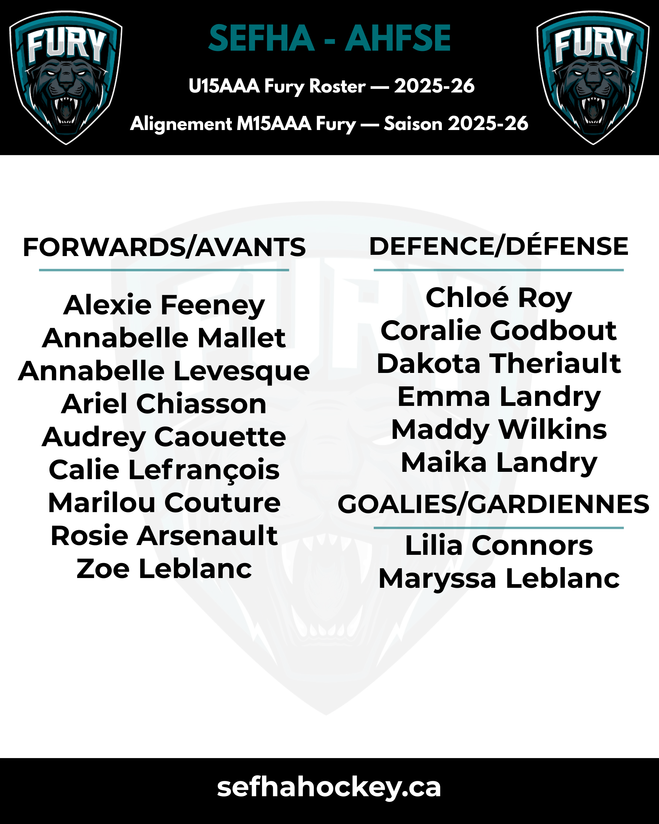 SEFHA U15AAA Fury Final Roster — 2025-26
